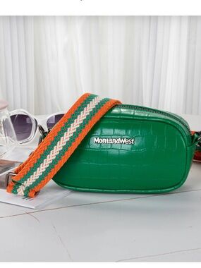 Montana West Green Croc-Embossed Crossbody with Orange & Cream Woven Strap